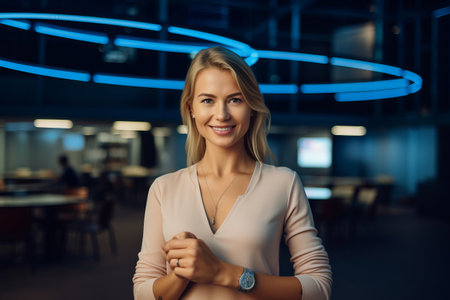 Portrait of beautiful young businesswoman standing in office at night.の素材