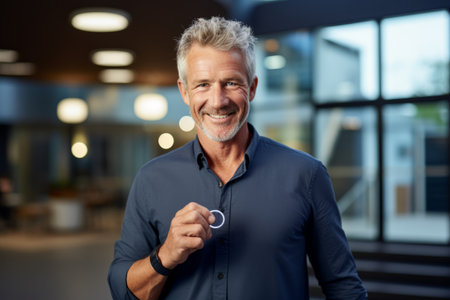 Portrait of a smiling mature businessman holding a key in the officeの素材