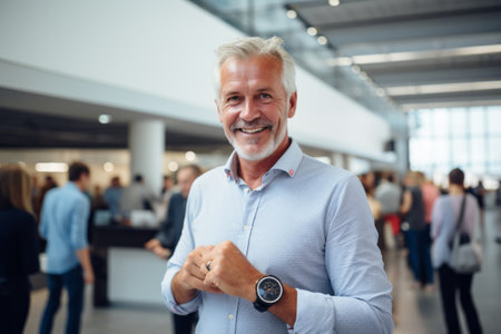 Portrait of smiling mature businessman standing in corridor of modern office buildingの素材