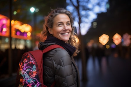Portrait of smiling woman with backpack walking in city at night.の素材