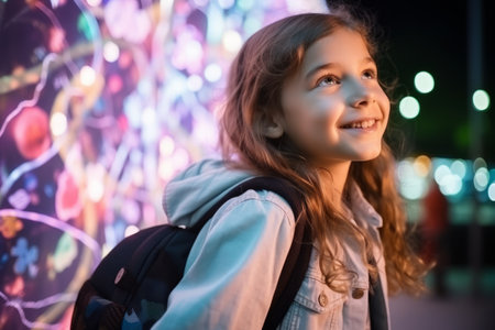 Portrait of a cute little girl with backpack on the background of Christmas lightsの素材