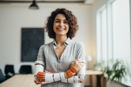 cheerful young businesswoman in office with robotic arms smiling at cameraの素材