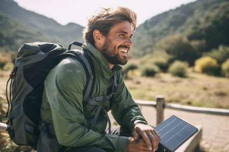Handsome young man using digital tablet while sitting on bench in mountainsの素材