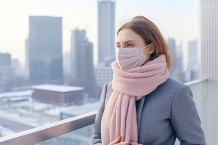 Portrait of a beautiful girl in a pink scarf and a gray coat on the background of the cityの素材