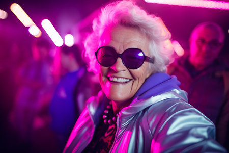 Portrait of happy senior woman in sunglasses looking at camera in nightclubの素材