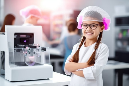 smiling little girl in lab coat and eyeglasses looking at cameraの素材