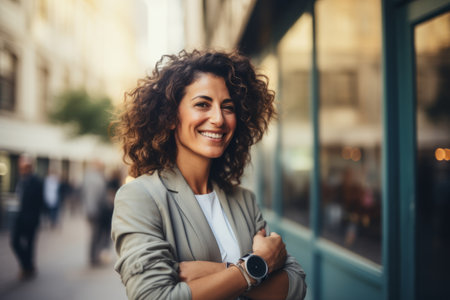 Portrait of a smiling businesswoman standing outdoors with her arms crossed