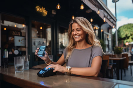 smiling young woman paying with credit card at bar counter in cafeの素材