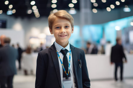 Portrait of a boy in a business suit at the exhibition.の素材
