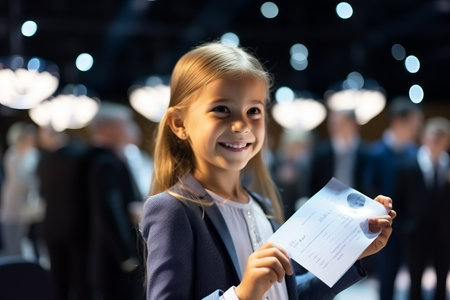 business, education, technology and people concept - smiling little girl with papers in officeの素材