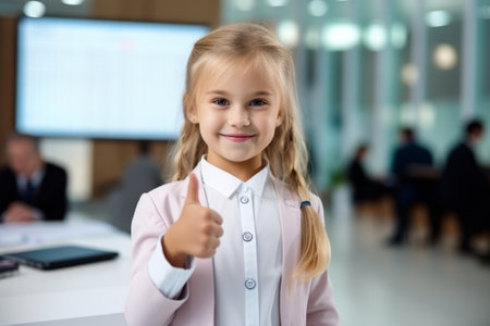 business, education, gesture and people concept - smiling little girl showing thumbs up in officeの素材