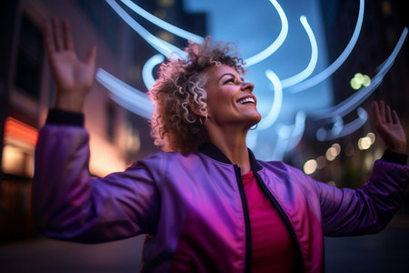Portrait of young african american woman dancing outdoors at nightの素材