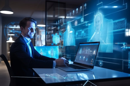 business, technology, internet and people concept - smiling businessman with laptop computer and virtual projection over office backgroundの素材