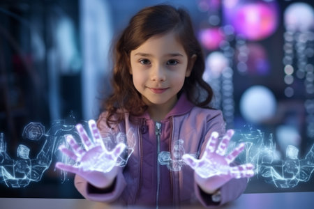 cute little girl using futuristic hand interface at night in science classの素材