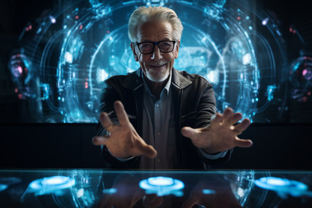 Portrait of senior man in glasses looking at camera and gesturing while sitting at table in officeの素材