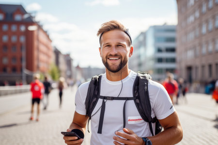 Handsome young man in sportswear holding mobile phone and smiling while walking on the streetの素材
