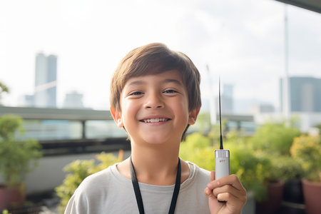 Portrait of a little boy holding a wand and smiling at the cameraの素材