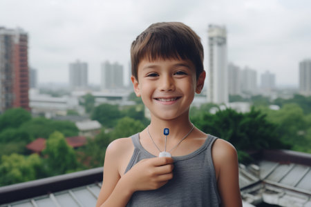 Little boy holding a thermometer on the roof of the building.の素材