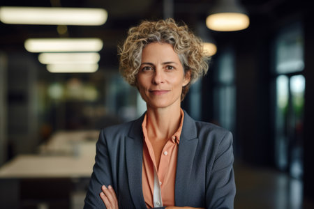 Portrait of confident mature businesswoman standing with arms crossed in officeの素材