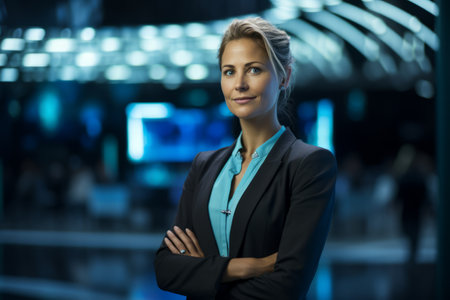 Portrait of businesswoman standing with arms crossed at night in officeの素材
