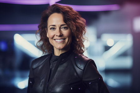 Portrait of smiling woman in leather jacket posing at camera in nightclubの素材