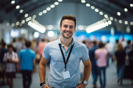 Portrait of smiling man standing with hands in pockets in expoの素材