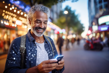 Portrait of smiling mature man using mobile phone in city at nightの素材