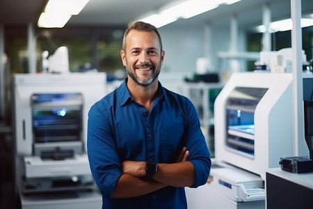 Portrait of smiling mature man standing with arms crossed in printing shopの素材