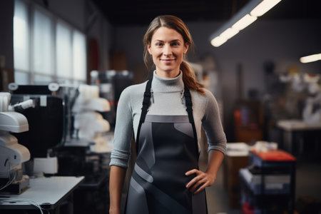 Portrait of a smiling female fashion designer standing in a sewing studioの素材