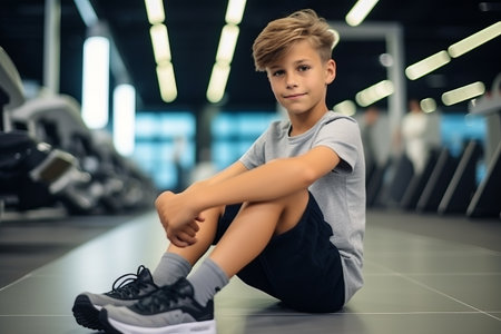 Portrait of a boy sitting on the floor in the gym.の素材
