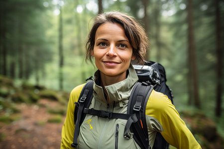Portrait of a beautiful young woman hiking in the forest. Hiking concept.の素材