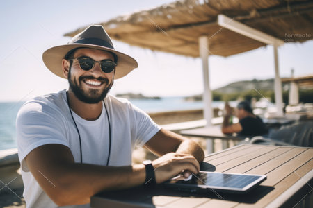 Portrait of smiling young man in hat and sunglasses using digital tablet while sitting in cafe near the seaの素材