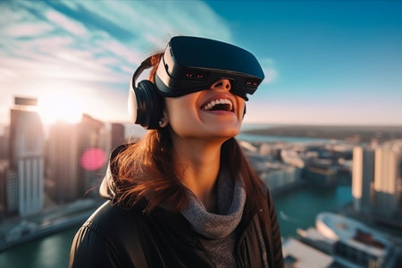 Happy young woman wearing virtual reality goggles in the city at sunset.の素材