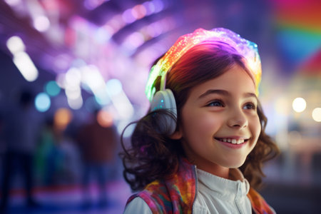 smiling little girl in headphones listening to music at night disco clubの素材