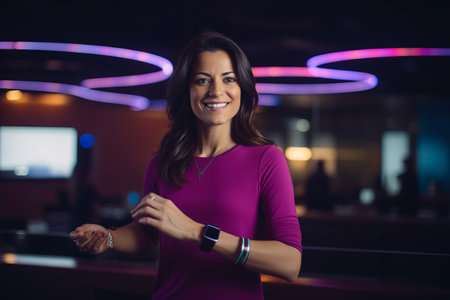 Portrait of beautiful young woman with smartwatch at night club.の素材