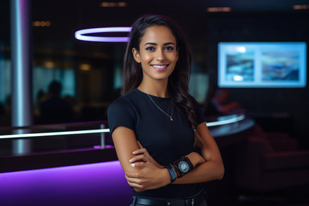 Portrait of a beautiful young woman standing with arms crossed in a nightclubの素材