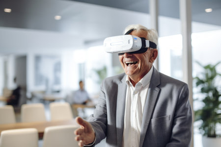 Portrait of senior businessman using virtual reality headset in modern office.の素材