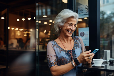 Portrait of smiling senior woman using mobile phone while sitting in cafeの素材
