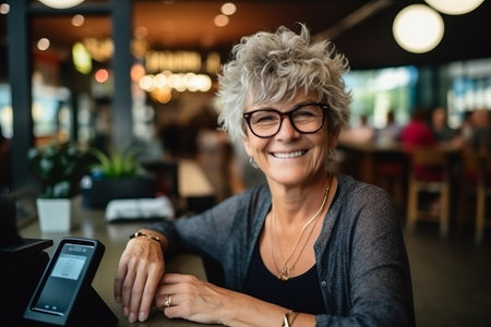 Smiling senior businesswoman using mobile phone while sitting in coffee shopの素材