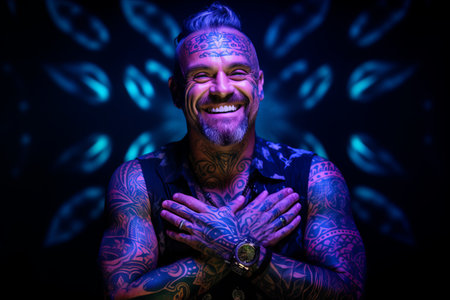 Portrait of a man with tattoos on his arms. Black background.の素材