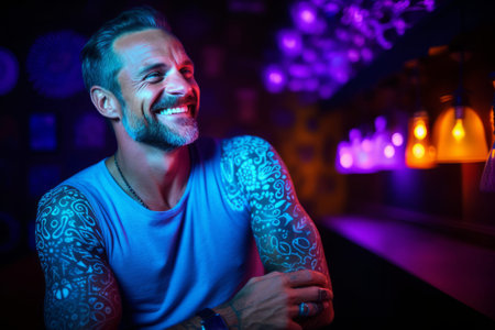 Portrait of a handsome man with tattoos on his arms standing in a nightclubの素材