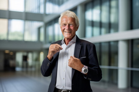 Portrait of happy senior businessman in suit showing thumbs up in officeの素材