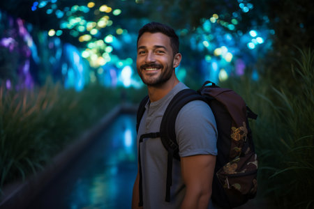 Portrait of a smiling young man with backpack in the park at nightの素材