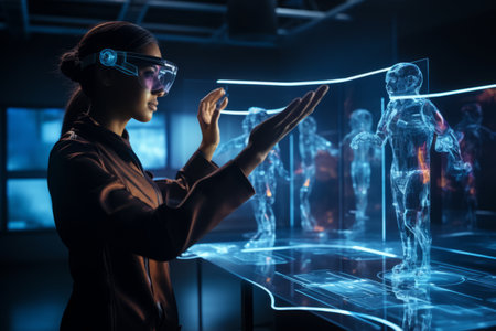 Young woman in virtual reality headset touching hologram screen. mixed mediaの素材