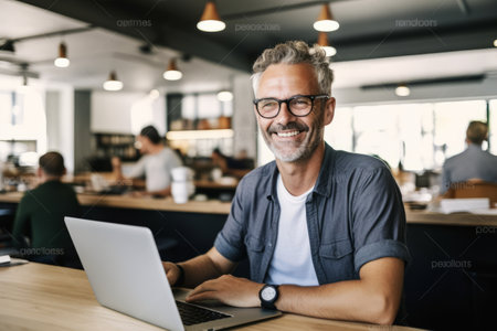 Portrait of smiling mature businessman in eyeglasses using laptop in cafeの素材