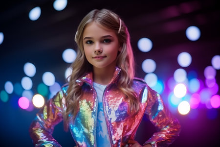 Portrait of a beautiful girl in a bright neon suit on the background of the stage.の素材