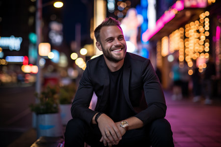 Portrait of a handsome young businessman sitting on the street at nightの素材