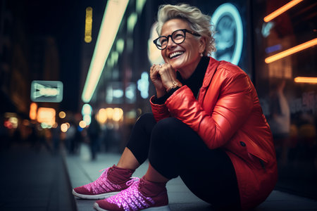 Portrait of a smiling senior woman in red jacket and glasses sitting on the street at night.の素材