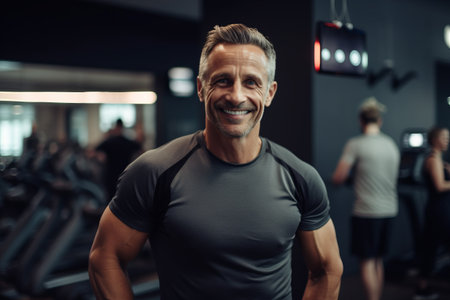 Handsome middle aged man smiling at camera while standing in gymの素材
