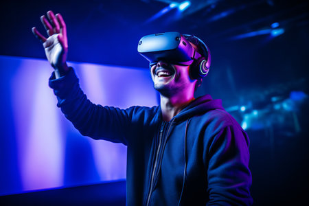 Excited african american man using virtual reality headset in nightclubの素材